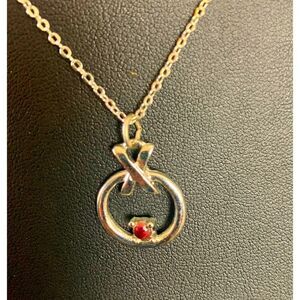 Vintage Silver tone Circle Pendant Necklace w/Red center stone, Stamped